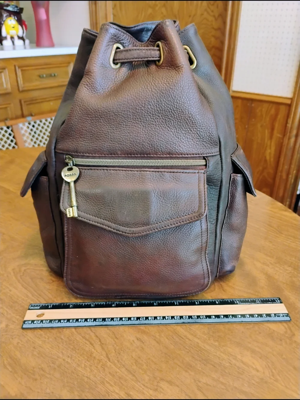 Fossil Dark Brown Pebble Grain Leather Drawstring Flap Bucket Backpack / Purse
